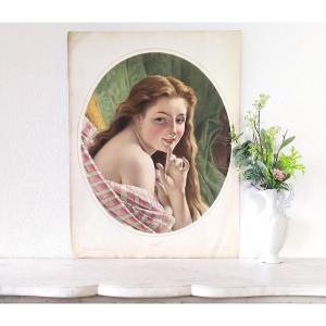 Watercolored Lithograph Portrait Of A Lady 9th Century Old Print