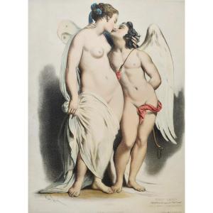 Cupid And Psyche After Achille Devéria Watercolored Lithograph By Emile Lassalle Old Print