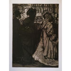 Parisian Lady At The Bar Art Nouveau Engraving Etching Circa 1900 Old Print