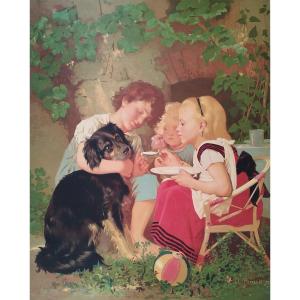 Antique Chromolithograph After Perrault, Children And Dog 19th Century Old Print