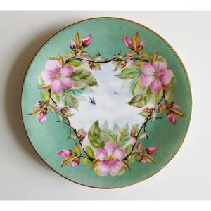 Hand Painted Porcelain Plate With Swallows Birds And Flowers 19th C