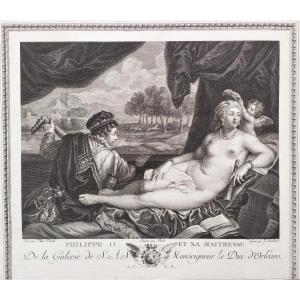 Antique Engraving After Titian Vecelli Etching Philippe II And His Mistress 19th C Old Print
