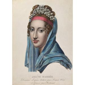 Antique Engraving Portrait Of A Lady Young Married After Lemire Ainé Jeune Empire Period