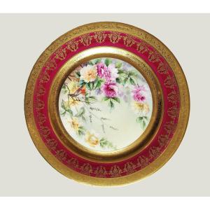 Decorative Plate Or Dish In Limoges Porcelain Hand Painted With Robin Bird And Roses Decor