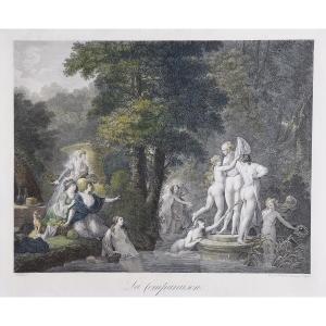 Etching Three Graces Antique Engraving 19th Century Old Print Nudes