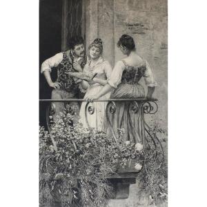 Antique Romantic Etching Engraving Italian Scene After Eugen De Blaas 19th Century Old Print