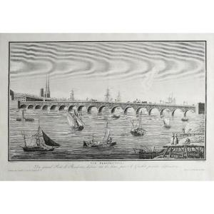 Antique Etching Bordeaux Bridge Engraving Architecture 19th Century Old Print