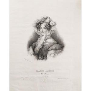Historical Portrait Of Queen Marie Amélie Lithograph By Maurin After Grévedon 19th C Old Print