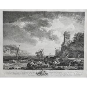 Etching Seascape After Joseph Vernet Engraving Port Of Naples 18th Century Old Print