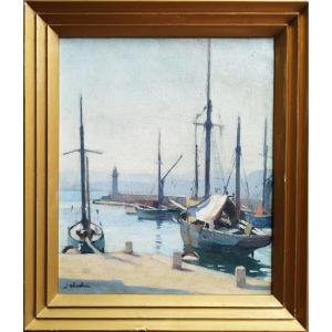 Saint Tropez By Joseph Chauleur Oil Painting Seascape Sailboats Port 20th Century