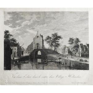Antique Engraving Of A Dutch Village By Victor Pillement After Breugel, 19th Century