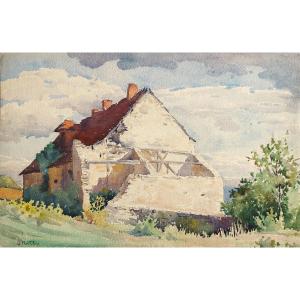 Watercolor Landscape Peasant House By J.reculon 20th Century