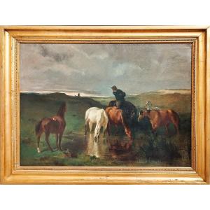 After Evariste-vital Luminais Horses Watering At A Pond