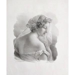 Neoclassical Lithograph Portrait Of A Lady After Henri Grévedon Antique Old Print 19th C