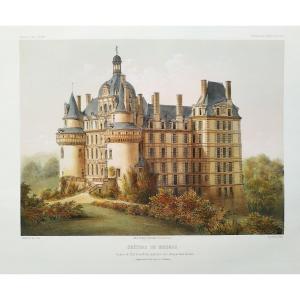 Brissac Castle Watercolored Lithograph By Victor Petit 19th Century Old Print