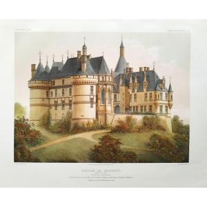 Chaumont-sur-loire Castle Watercolored Lithograph By Victor Petit 19th Century Old Print