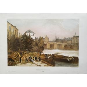 Amiens St Michel Bridge Watercolored Lithograph 19th C Old Print