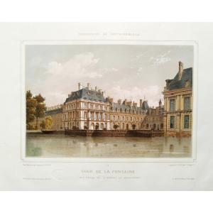 Fontenebleau Castle Watercolored Lithograph By Philippe Benois 19th Century Old Print