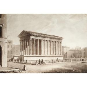 Roman Temple In Nîmes Large Engraving Architecture After Thumeloup, 19th C Old Print