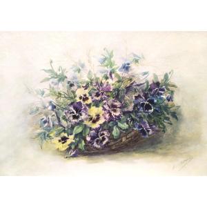 Watercolor Pansies Flowers By Eugène Marguerit Calmant 19th C