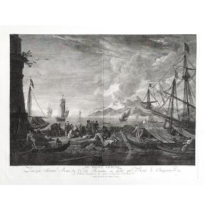 Vesuvius Italy Engraving Seascape View Of The Port Large Etching 18th C After Salvator Rosa