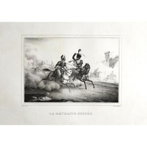 Lithograph Orientalist By Engelmann The Cut Retreat 19th C Arabian Horse Battle Old Print