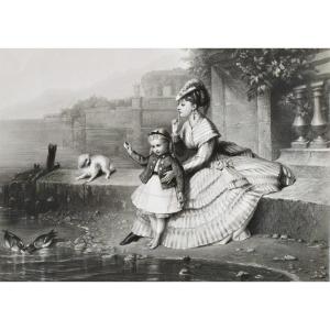 Large Etching 19th C Romantic Engraving Old Print 