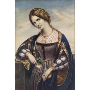 Watercolored Lithograph Portrait Of A Renaissance Lady 19thc