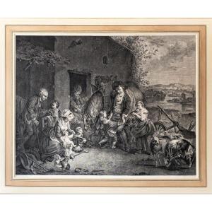 18th C Etching Engraving Of A Village Genre Scene Old Print 