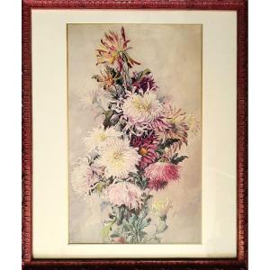 Chrysanthemums Watercolor By Eugène-jules Eudes 20th