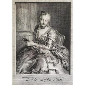 Etching Portrait Of A Lady In Ballroom Dress  18th C Engraving After Antoine Coypel Old Print