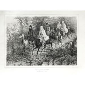 Tatar Family In Crimea Orientalist Lithograph 19th Century Horses Old Print
