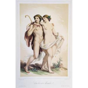 Mythological Lithograph Bacchus And Ariadne 19th C Old Print 