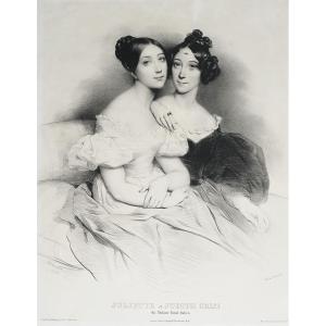 Lithograph After Deveria Portrait Of The Singers Juliette And Judith Grisi 19th Century