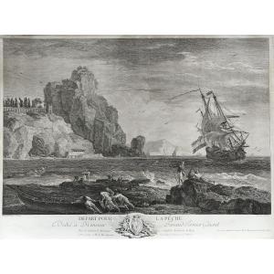 Large Etching  Seascape Engraving By Jacques-philippe Le Bas After Vernet 18th C Old Print