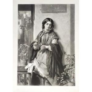 Engraving Saleswoman Of Flowers In London After Thomas Faed Etchibg 19th C Portrait Old Print