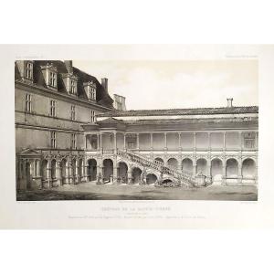 Architecture Lithograph By Victor Petit French Castle La Bastie-d'urfé 19th C Old Print