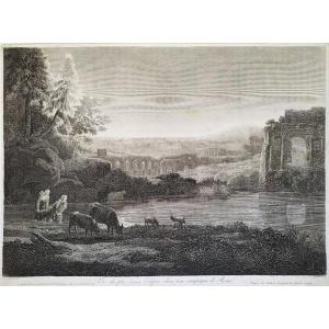 Antique Etching Engraving Italian Landscape After Claude Lorrain Old Print