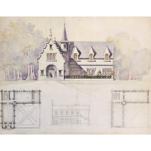 Architectur Drawing Watercolor Neo-gothic Mansion