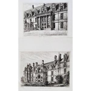 Castle Of Ecouen Pair Of Etchings By Eugène Sadoux 19th Century Old Print