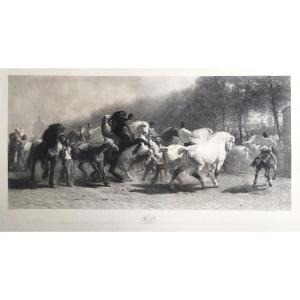 The Horse Market Etching After Rosa Bonheur By Thomas Landseer 19th C Engraving Old Print