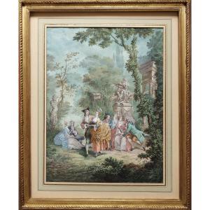Gallant Scene In The Style Of The 18th Century, Gouache Original