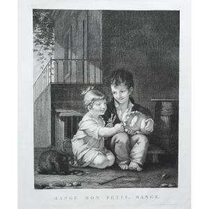 Children Rabbits Engraving By B. Roger After P. Prud'hon 19th C Etching Old Print