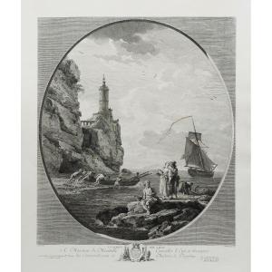 Seascape Engraving The Boat Put To Sea After Joseph Vernet By Marie-rosalie Bertaud Etching