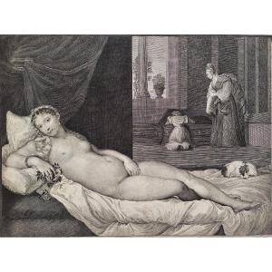 Venus Of Urbino 18th C Engraving After Titian Mythological Etching Old Print