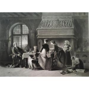 Large Engraving 19th C Etching Genre Scene Old Print