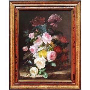 Still Life With Rose Flowers, Oil Painting By J. Lévy 19th C