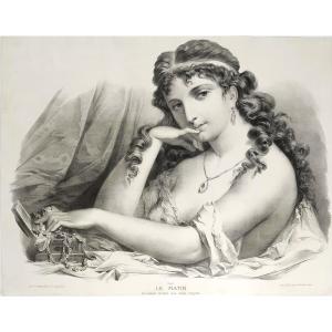 Large Lithograph Portrait Of A Lady The Morning 19th Century Old Print