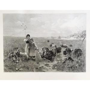 Large Etching 19th Century Engraving: Little Girls And Turkeys Old Print