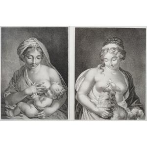 Pair Of Neoclassical Empire Period Allegorical Engravings Fidelity And Maternity, 19th C 